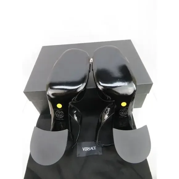 NIB VERSACE BLACK PATENT LEATHER GOLD MEDUSA LOGO SANDALS HEEL PUMPS 40 10